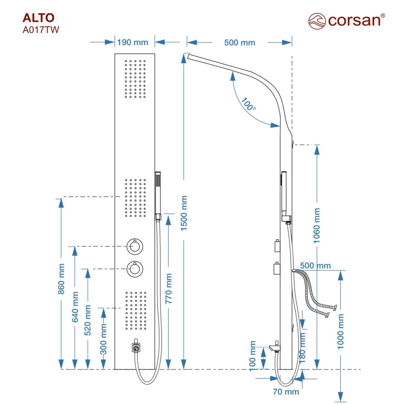 Prysznic Corsan Alto aluminiowy – personalizacja RAL