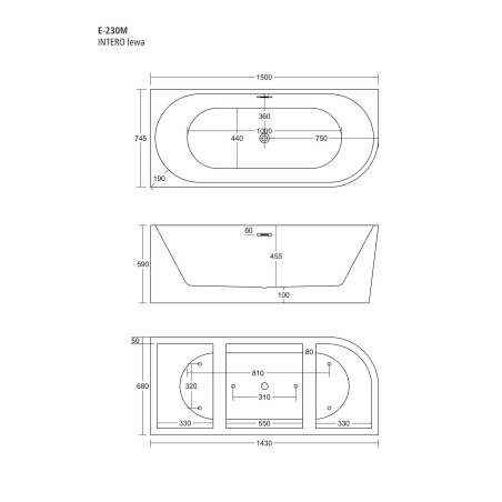 Wanna narożna INTERO E230 lewa – 150, 160, 170 cm | Corsan
