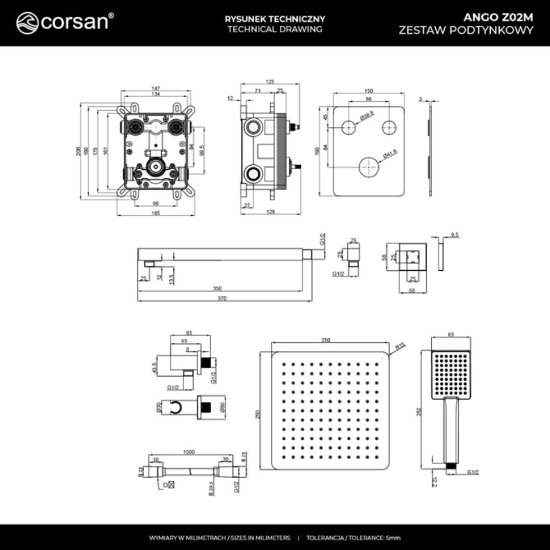 Zestaw prysznicowy podtynkowy Corsan ANGO Z02  z deszczownicą