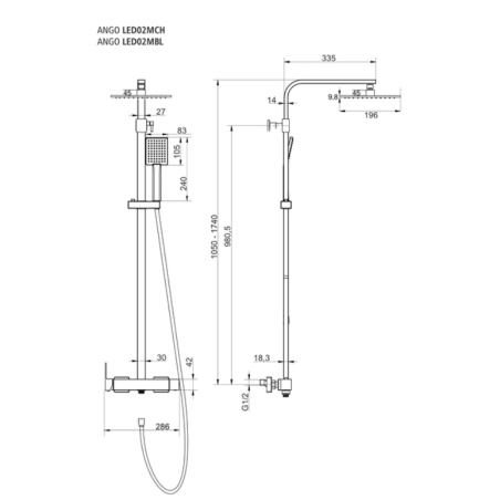 Kolumna Prysznicowa ANGO LED02M | LED, Termostat/Mieszacz