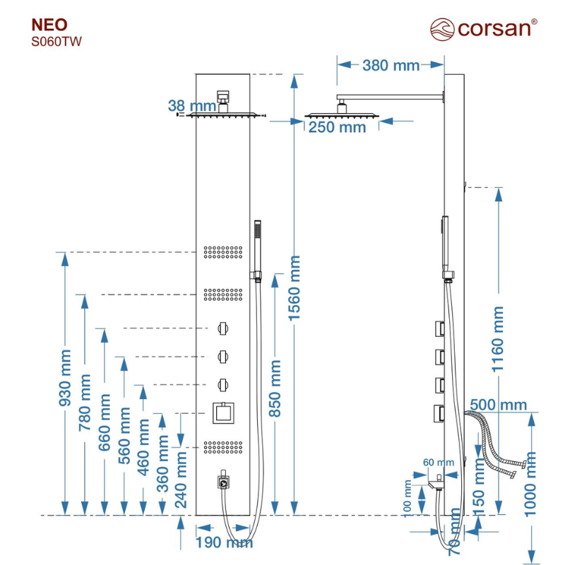 Panel prysznicowy NEO LED, stalowy