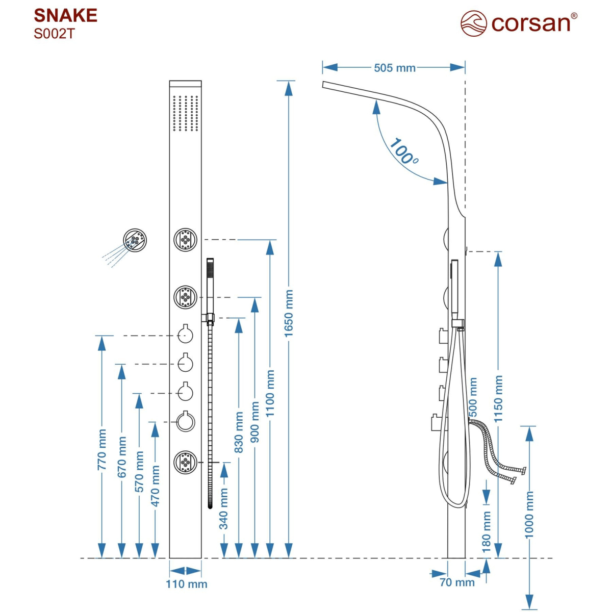 Panel prysznicowy Corsan SNAKE – stalowy, 3 kolory do wyboru