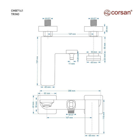 Bateria wannowa ścienna Corsan TRINO CMB7141
