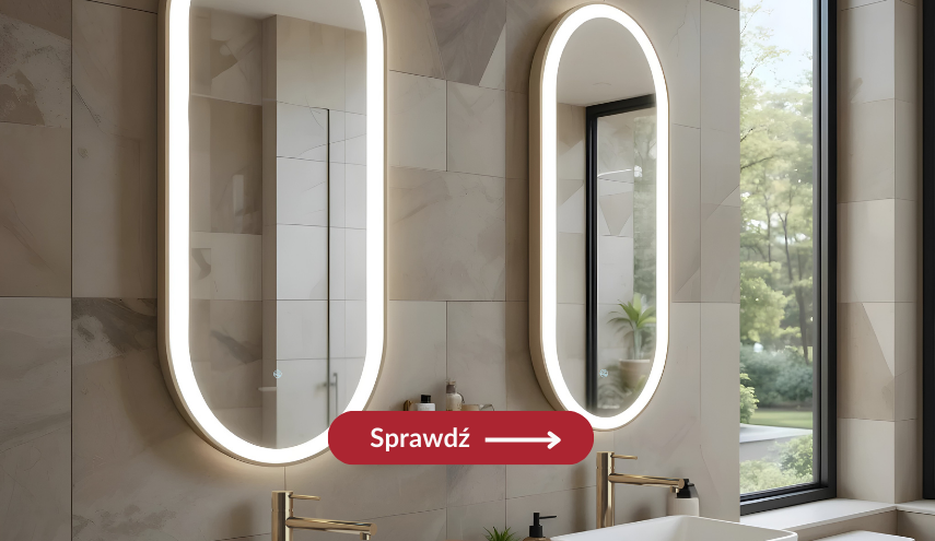 lustra led w ramie złoto szczotkowane w aranżacji łazienki w stylu glamour