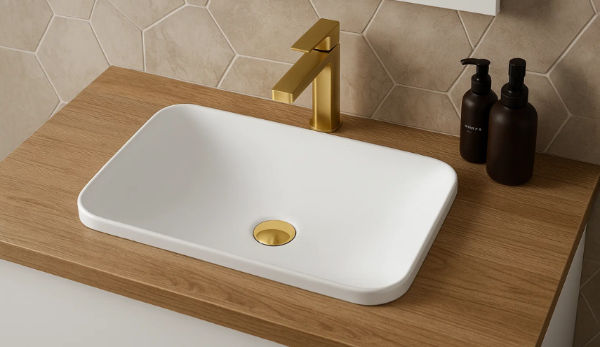 biała umywalka wpuszczana w blat ze złotym korkiem i baterią na drewnianym blacie