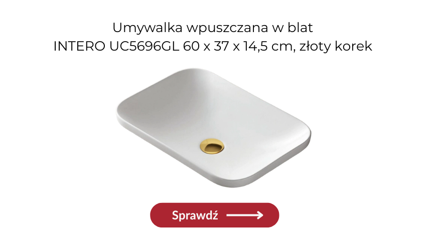 biała umywalka ceramiczna wpuszczana w blat ze złotym korkiem 