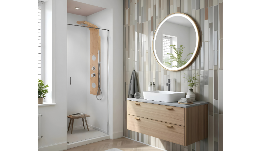 relaksujące kolory w łazience naturlane drewno i beże