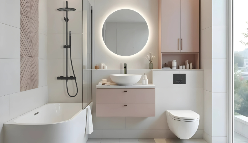 biała łazienka z pudrowym różu, armatura w kolorze gunmetal, relaksujące kolory w łazience