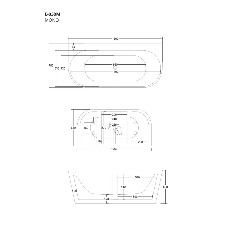 Wandbadewanne MONO E030 mit breitem Rand