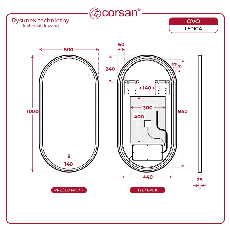 LED‑Spiegel OVO 50×100 cm, oval