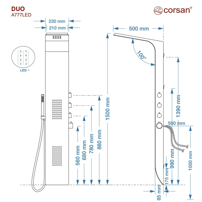 Duschpaneel DUO LED, Aluminium