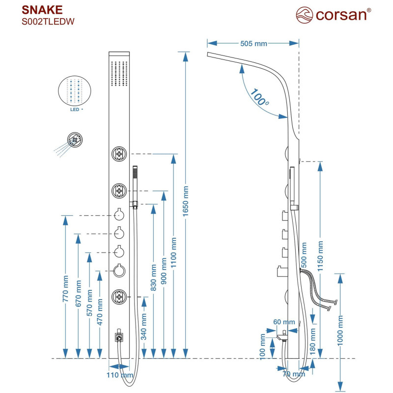 Duschpaneel SNAKE LED, Stahl
