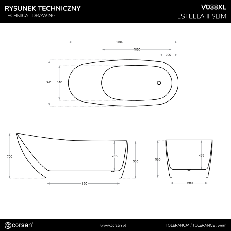 Freistehende Badewanne ESTELLA II V038 Slim