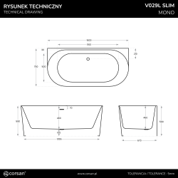 MONO V029 SLIM Back‑to‑Wall Bathtub with Slot Overflow