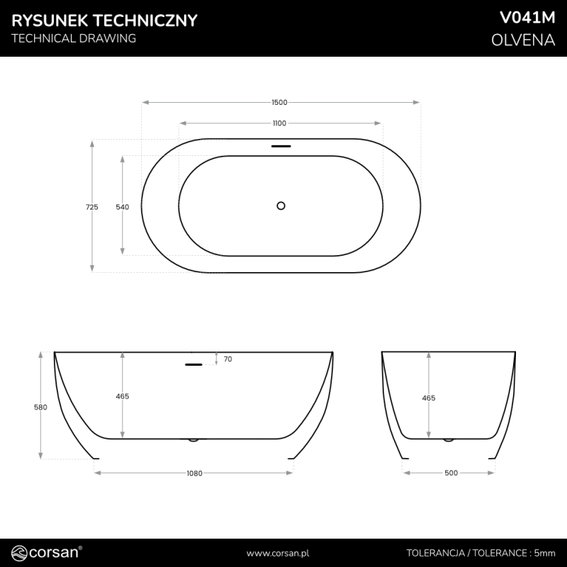 OLVENA V041 Slim Freestanding Bathtub