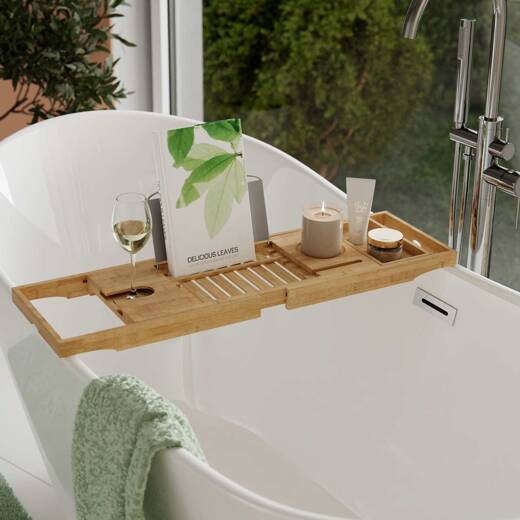 Bamboo extendable bathtub shelf with phone holder, glass holder and adjustable support