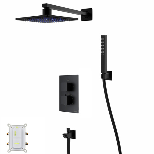 Corsan ANGO black shower set with LED rain shower, thermostatic tap, handset and spout