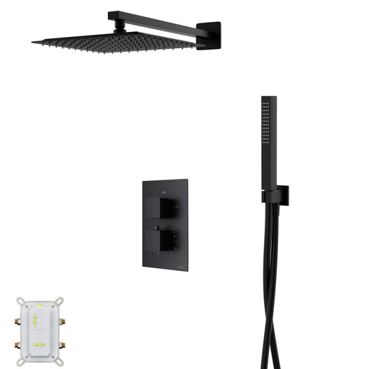 Corsan ANGO black shower set with a 25 cm rain shower, a thermostatic tap and a handset