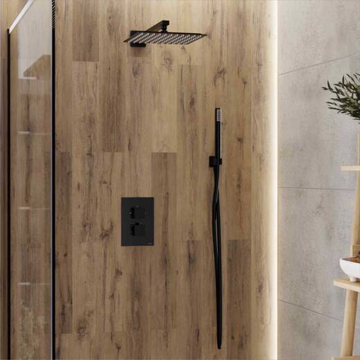 Corsan ANGO black shower set with a 25 cm rain shower, a thermostatic tap and a shower