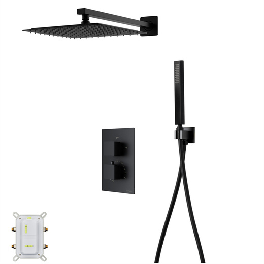 Corsan Ango black shower set with 25 cm rain shower head, thermostatic mixer and shower