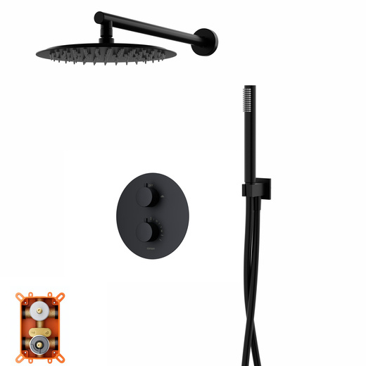 Corsan LUGO black shower set with a 25 cm rain shower, a thermostatic tap and a shower