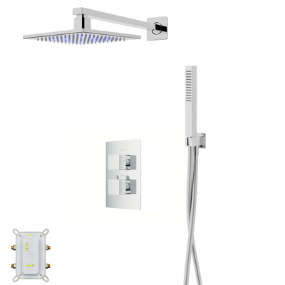 Corsan ANGO chromuotas dušo komplektas su LED lietaus dušu, termostatiniu maišytuvu ir rageliu