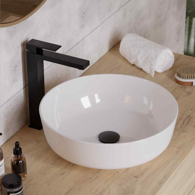 Umywalka nablatowa LUGO UC9988BL okrągła 415x415x135 mm z korkiem Klik-Klak czarnym