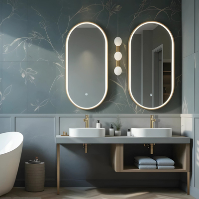 OVO veidrodis su keičiama LED spalva 500x1000 mm, jutikliniu jungikliu ir šildymo kilimėliu, „Brushed Gold“ rėmelyje
