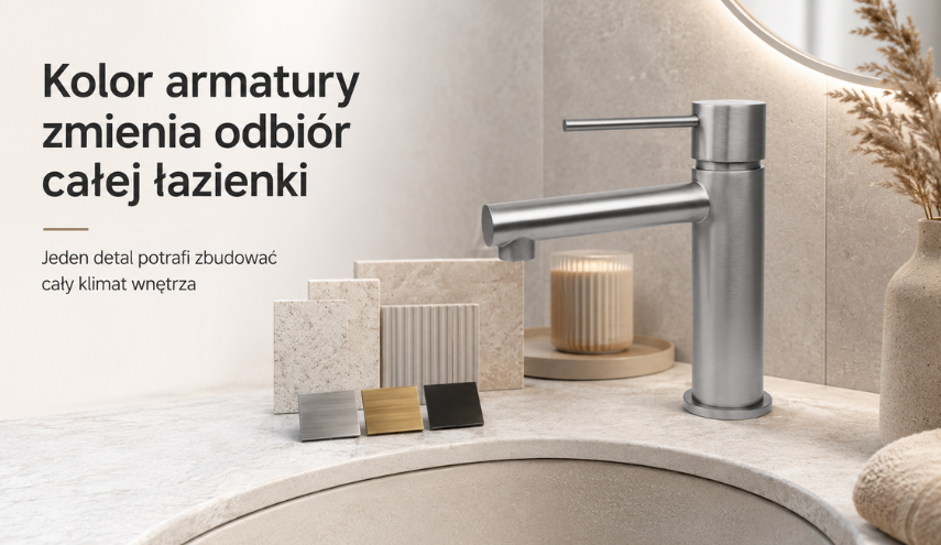 chromowana bateria umywalka na tle różnych płytek i wzorników kolorów