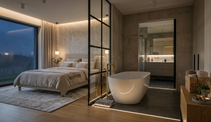 Panoramiczne ujęcie przestrzeni en-suite wykonane wieczorem. Główne oświetlenie górne jest wyłączone, a wnętrze tonie w ciepłym, miękkim świetle ambientowym. Ukryte paski LED pod krawędzią długiej szafki podumywalkowej oraz za zagłówkiem łóżka tworzą relaksujący, złoty blask