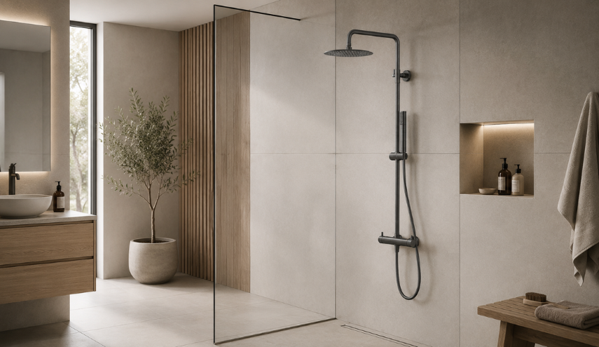 Kolumna prysznicowa gunmetal w nowoczesnej łazience z jasnymi płytkami, drewnem i kabiną walk-in