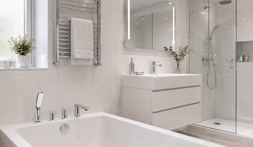 Chromowana bateria wannowa czterootworowa zamontowana na białej wannie w jasnej, minimalistycznej łazience z armaturą chromowaną, szklaną kabiną prysznicową i białą ceramiką